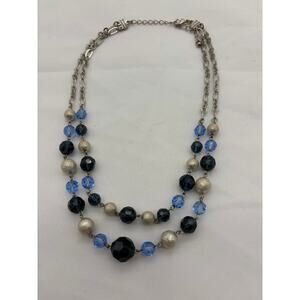 Vintage-Style Blue & Black Multi-Strand Beaded Necklace - Silver Tone